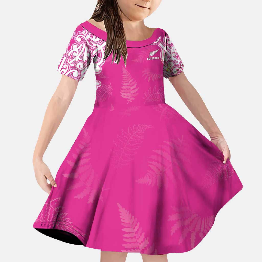 New Zealand Fern Women Rugby Custom Family Matching Mermaid Dress and Hawaiian Shirt Pink Maori Pattern LT05 Daughter's Dress Pink - Polynesian Pride