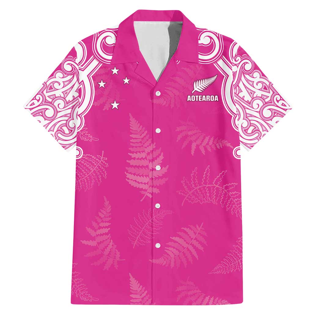 New Zealand Fern Women Rugby Custom Family Matching Mermaid Dress and Hawaiian Shirt Pink Maori Pattern LT05 Dad's Shirt - Short Sleeve Pink - Polynesian Pride