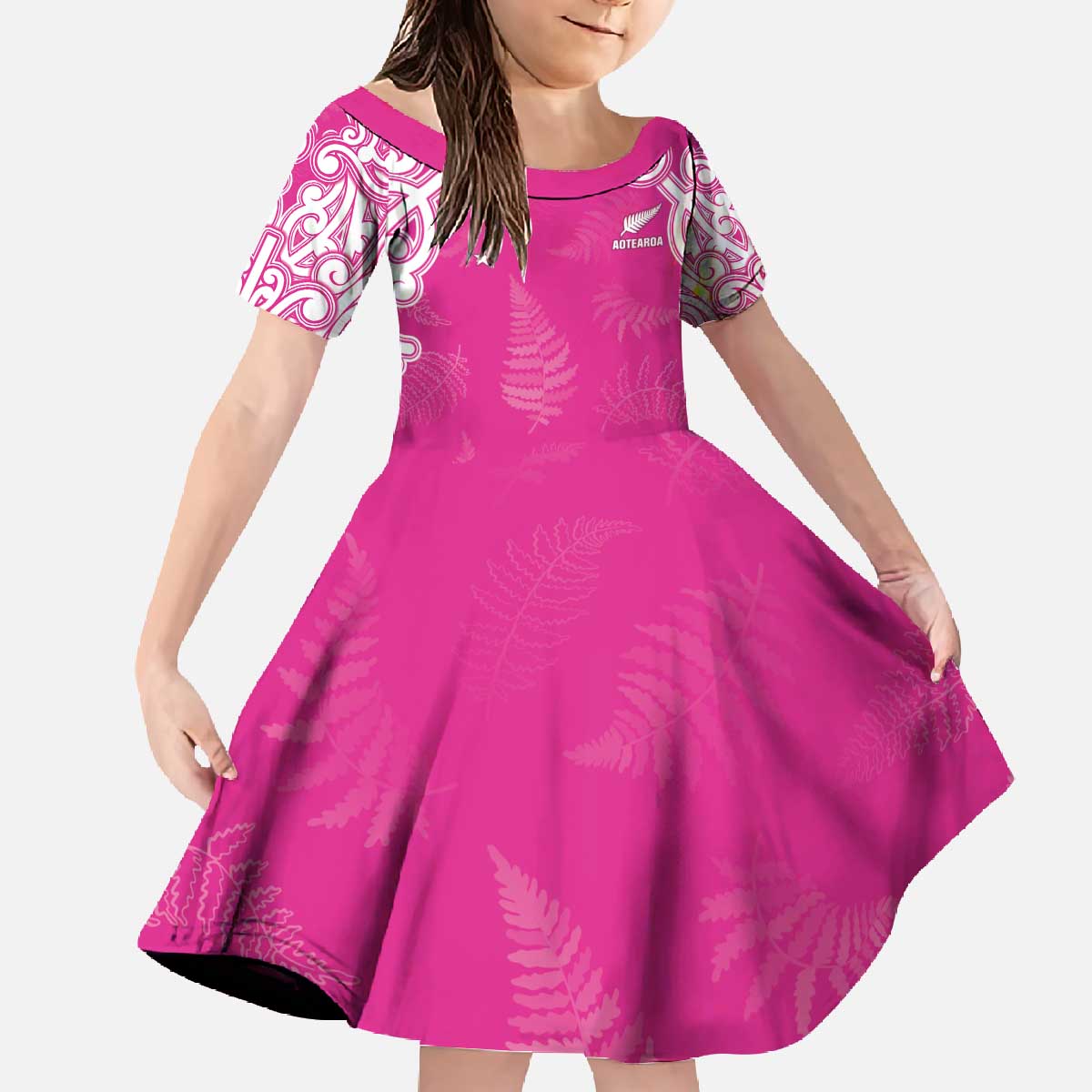 New Zealand Fern Women Rugby Custom Family Matching Off The Shoulder Long Sleeve Dress and Hawaiian Shirt Pink Maori Pattern LT05 Daughter's Dress Pink - Polynesian Pride