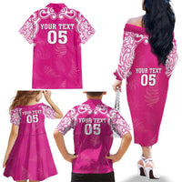 New Zealand Fern Women Rugby Custom Family Matching Off The Shoulder Long Sleeve Dress and Hawaiian Shirt Pink Maori Pattern LT05 - Polynesian Pride