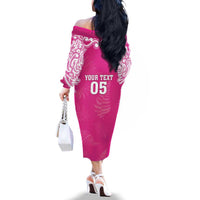 New Zealand Fern Women Rugby Custom Family Matching Off The Shoulder Long Sleeve Dress and Hawaiian Shirt Pink Maori Pattern LT05 - Polynesian Pride