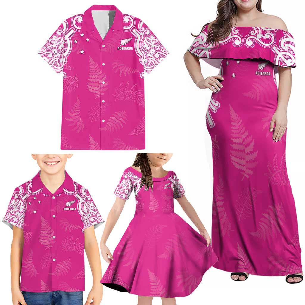 New Zealand Fern Women Rugby Custom Family Matching Off Shoulder Maxi Dress and Hawaiian Shirt Pink Maori Pattern LT05 - Polynesian Pride