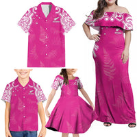 New Zealand Fern Women Rugby Custom Family Matching Off Shoulder Maxi Dress and Hawaiian Shirt Pink Maori Pattern LT05 - Polynesian Pride
