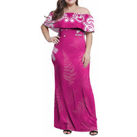 New Zealand Fern Women Rugby Custom Family Matching Off Shoulder Maxi Dress and Hawaiian Shirt Pink Maori Pattern LT05 Mom's Dress Pink - Polynesian Pride