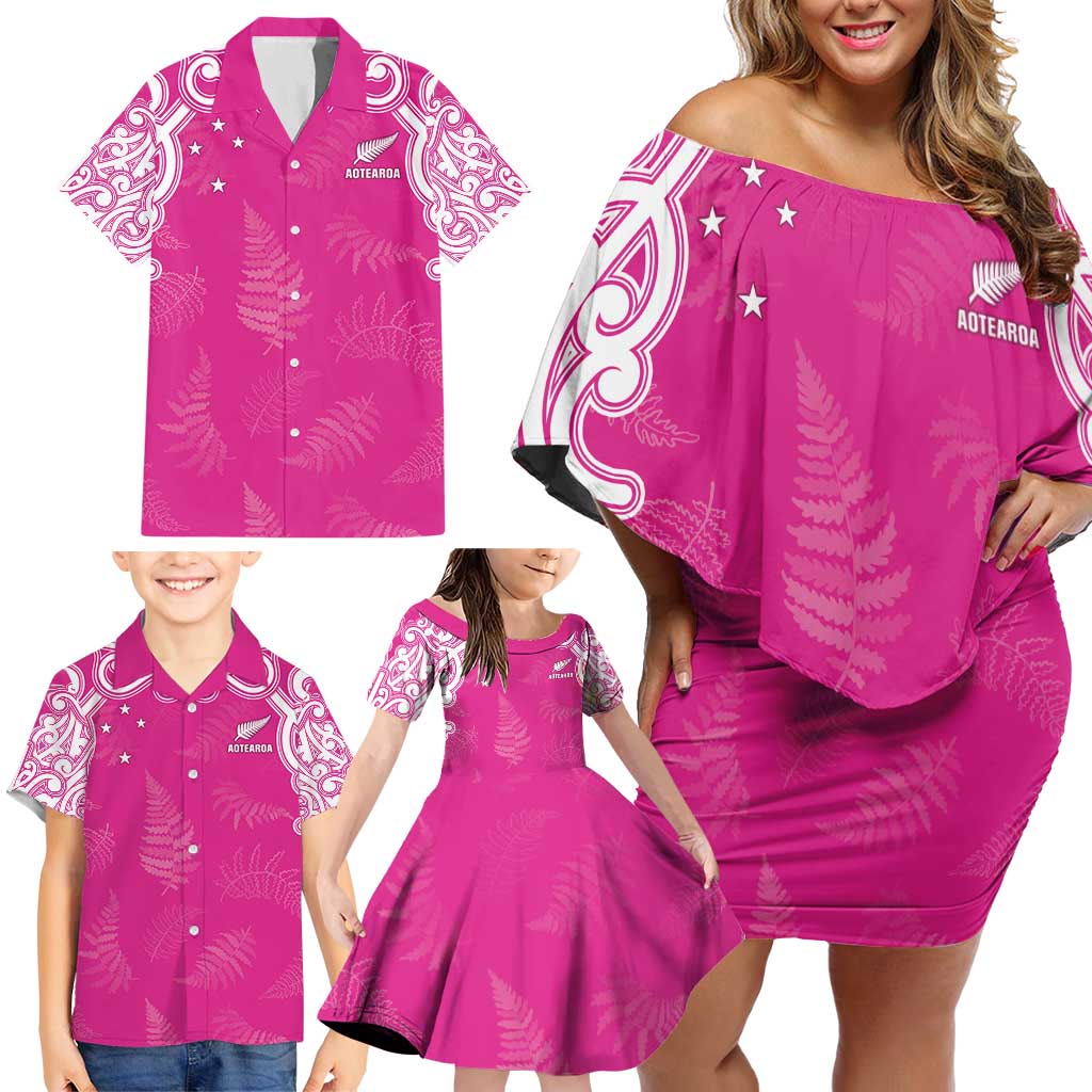 New Zealand Fern Women Rugby Custom Family Matching Off Shoulder Short Dress and Hawaiian Shirt Pink Maori Pattern LT05 - Polynesian Pride