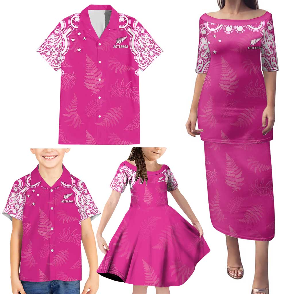 New Zealand Fern Women Rugby Custom Family Matching Puletasi and Hawaiian Shirt Pink Maori Pattern LT05 - Polynesian Pride