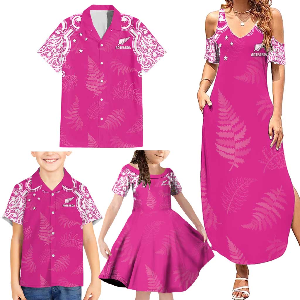 New Zealand Fern Women Rugby Custom Family Matching Summer Maxi Dress and Hawaiian Shirt Pink Maori Pattern LT05 - Polynesian Pride