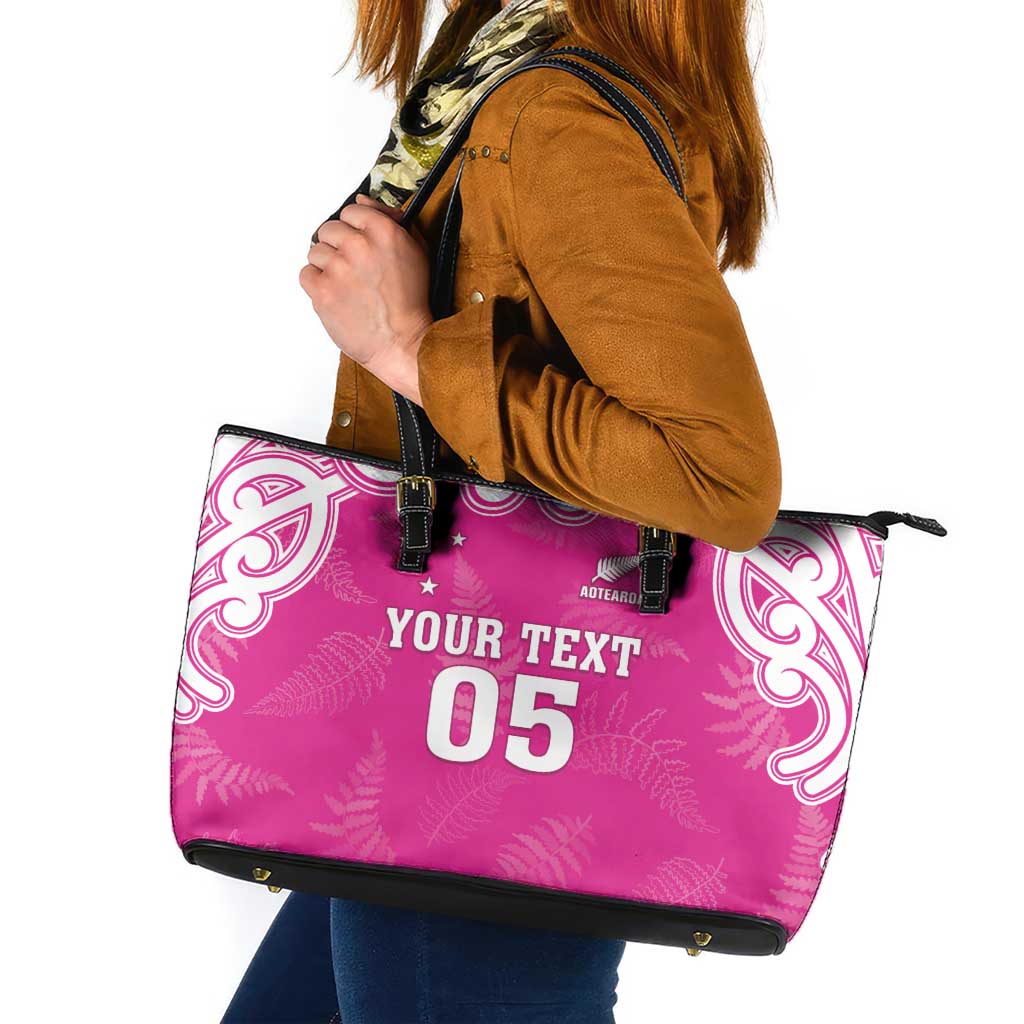 New Zealand Fern Women Rugby Custom Leather Tote Bag Pink Maori Pattern LT05 Pink - Polynesian Pride