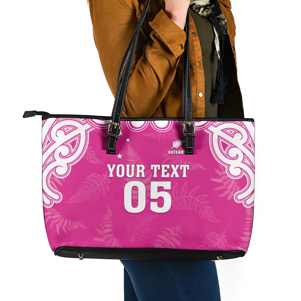 New Zealand Fern Women Rugby Custom Leather Tote Bag Pink Maori Pattern LT05 - Polynesian Pride