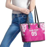 New Zealand Fern Women Rugby Custom Leather Tote Bag Pink Maori Pattern LT05 - Polynesian Pride