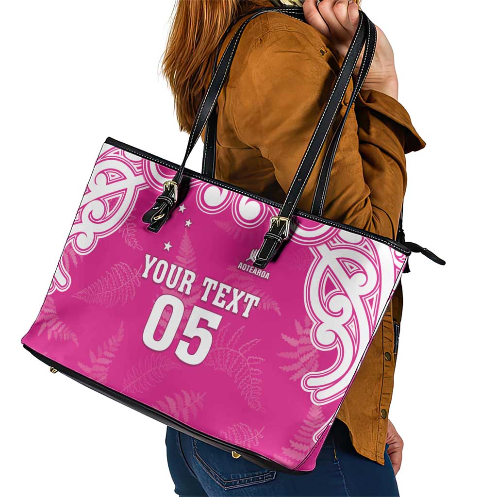 New Zealand Fern Women Rugby Custom Leather Tote Bag Pink Maori Pattern LT05 - Polynesian Pride