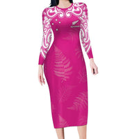 New Zealand Fern Women Rugby Custom Long Sleeve Bodycon Dress Pink Maori Pattern LT05 Long Dress Pink - Polynesian Pride