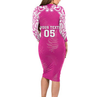 New Zealand Fern Women Rugby Custom Long Sleeve Bodycon Dress Pink Maori Pattern LT05 - Polynesian Pride