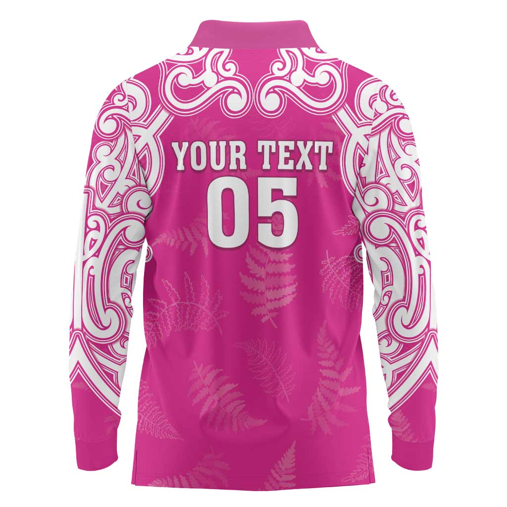New Zealand Fern Women Rugby Custom Long Sleeve Polo Shirt Pink Maori Pattern LT05 - Polynesian Pride