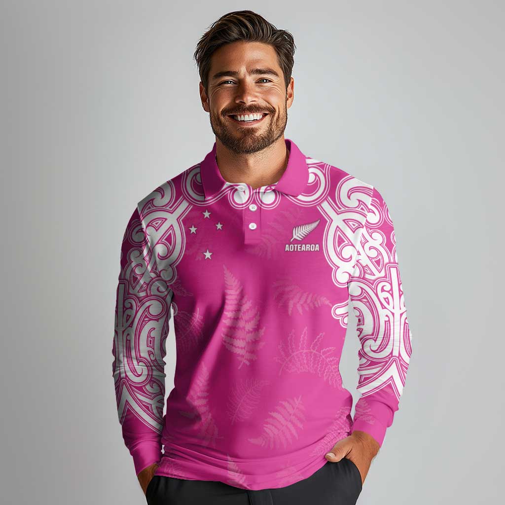 New Zealand Fern Women Rugby Custom Long Sleeve Polo Shirt Pink Maori Pattern LT05 - Polynesian Pride
