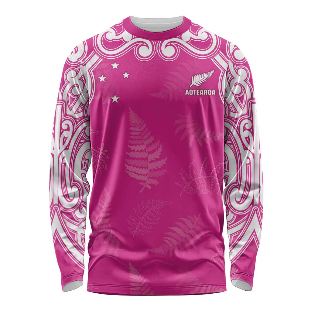 New Zealand Fern Women Rugby Custom Long Sleeve Shirt Pink Maori Pattern LT05 Unisex Pink - Polynesian Pride