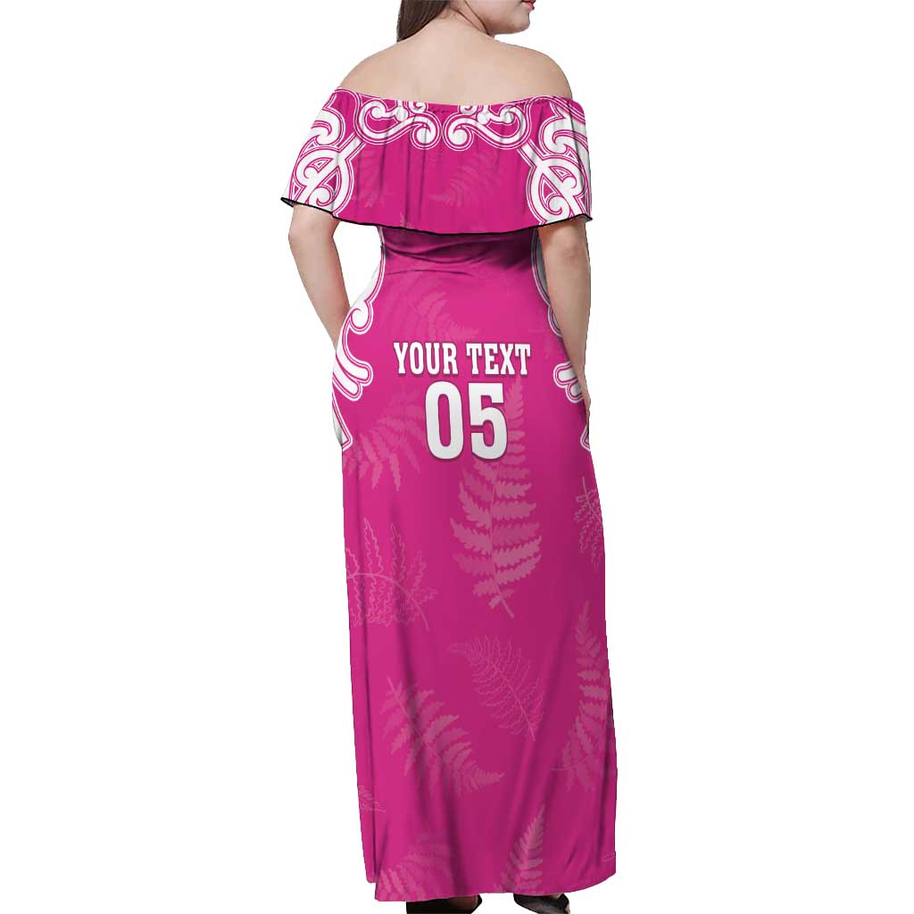 New Zealand Fern Women Rugby Custom Off Shoulder Maxi Dress Pink Maori Pattern LT05 - Polynesian Pride