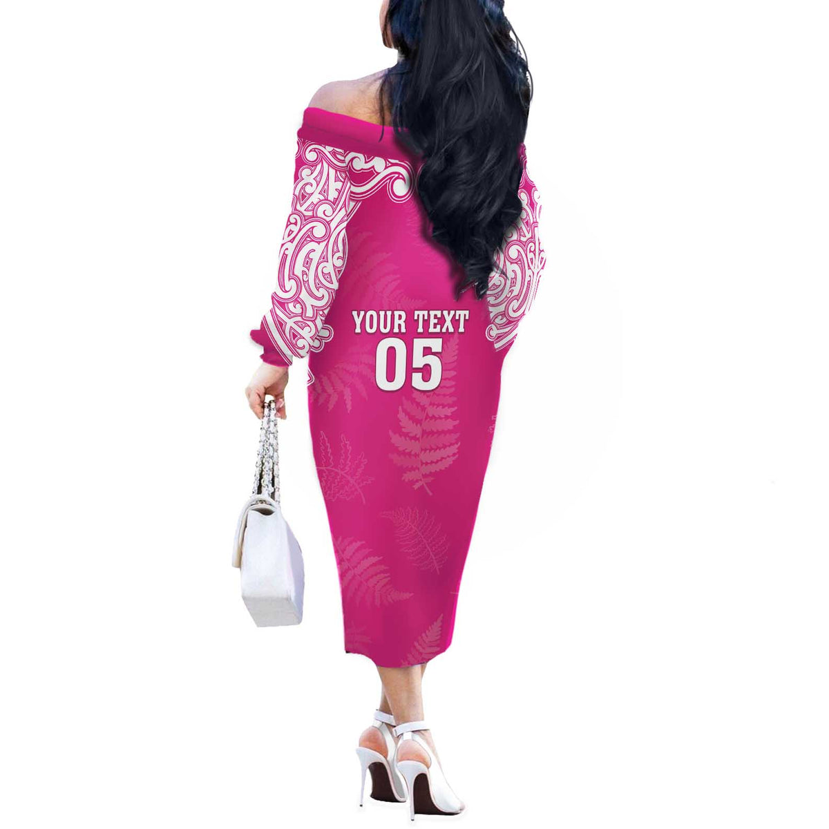 New Zealand Fern Women Rugby Custom Off The Shoulder Long Sleeve Dress Pink Maori Pattern LT05 - Polynesian Pride