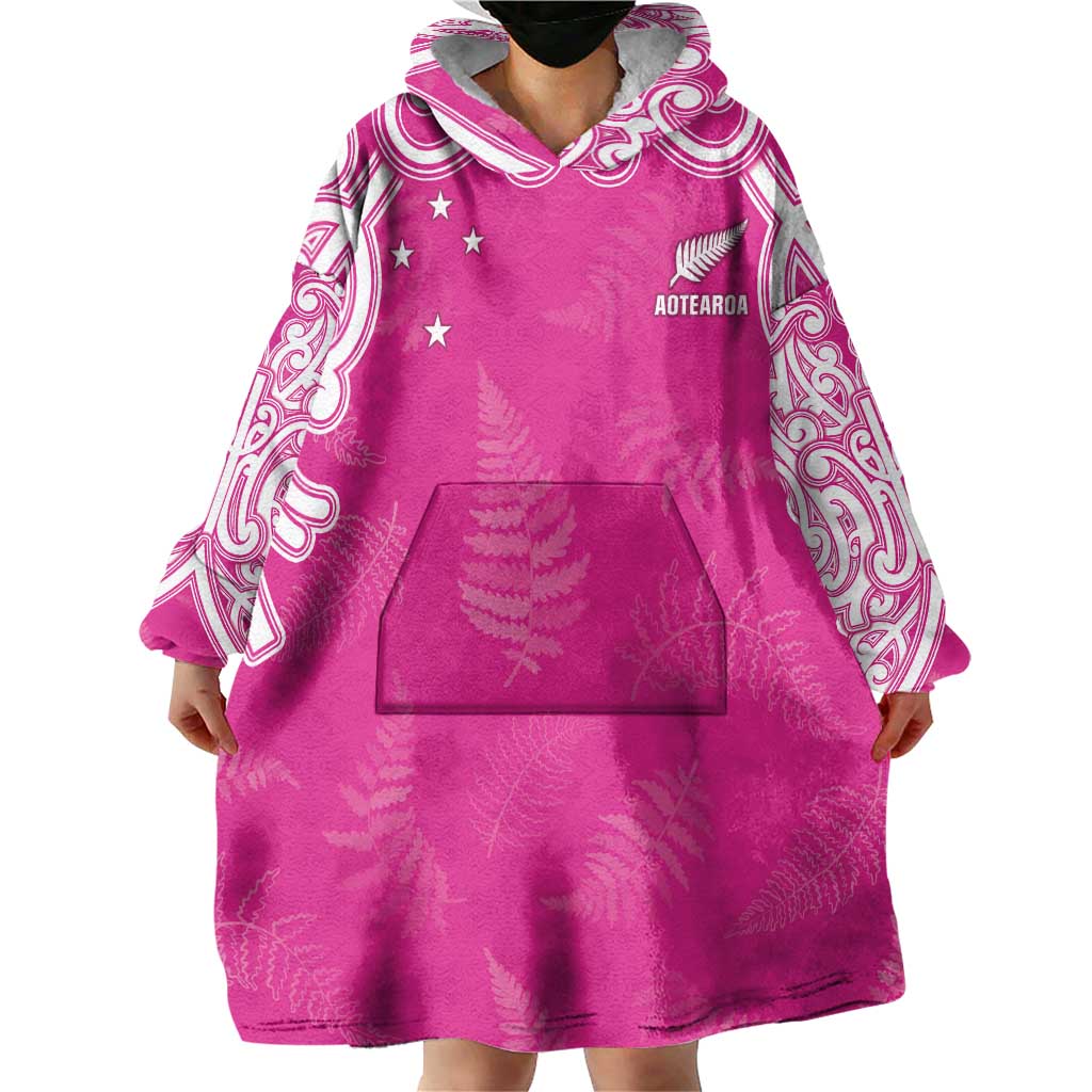 New Zealand Fern Women Rugby Custom Wearable Blanket Hoodie Pink Maori Pattern LT05 - Polynesian Pride