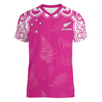 New Zealand Fern Women Rugby Custom Women V-Neck T-Shirt Pink Maori Pattern LT05 Female Pink - Polynesian Pride