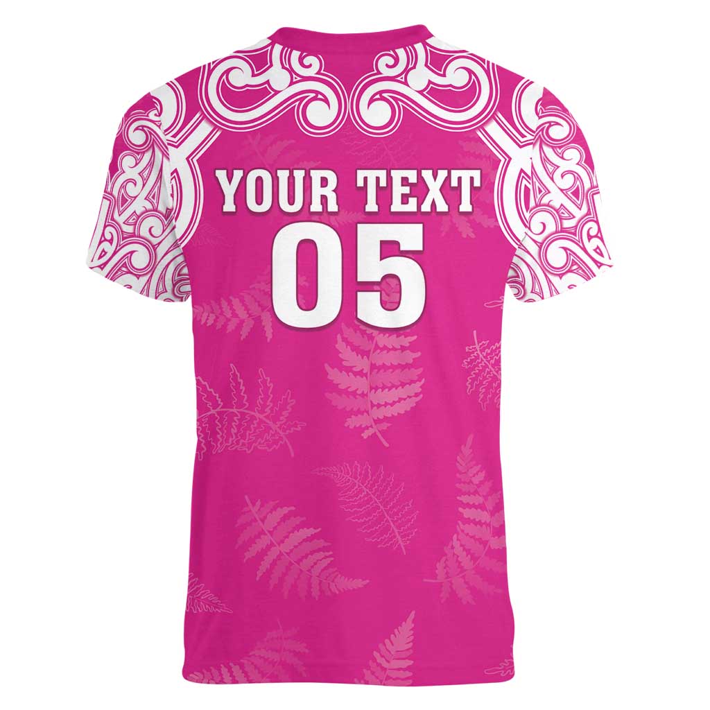 New Zealand Fern Women Rugby Custom Women V-Neck T-Shirt Pink Maori Pattern LT05 - Polynesian Pride