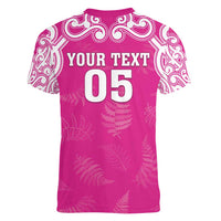 New Zealand Fern Women Rugby Custom Women V-Neck T-Shirt Pink Maori Pattern LT05 - Polynesian Pride
