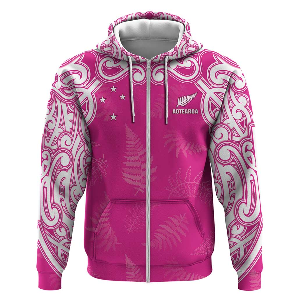 New Zealand Fern Women Rugby Custom Zip Hoodie Pink Maori Pattern LT05 Zip Hoodie Pink - Polynesian Pride
