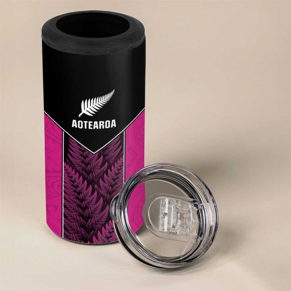 New Zealand Fern Rugby Custom 4 in 1 Can Cooler Tumbler Pink Maori Pattern LT05 - Polynesian Pride