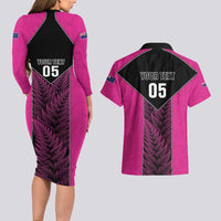 New Zealand Fern Rugby Custom Couples Matching Long Sleeve Bodycon Dress and Hawaiian Shirt Pink Maori Pattern LT05 - Polynesian Pride