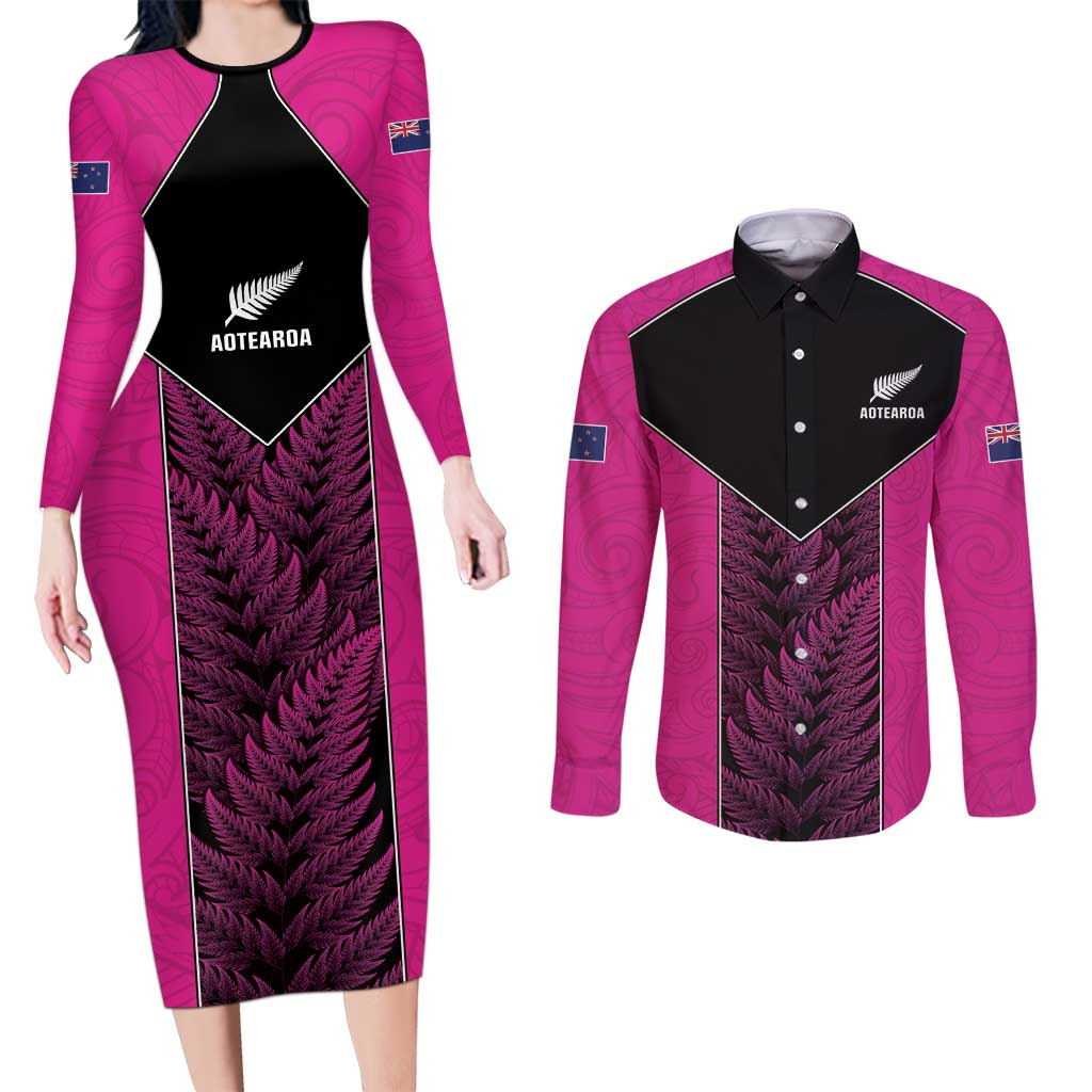 New Zealand Fern Rugby Custom Couples Matching Long Sleeve Bodycon Dress and Long Sleeve Button Shirt Pink Maori Pattern LT05 Pink - Polynesian Pride