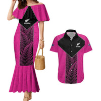 New Zealand Fern Rugby Custom Couples Matching Mermaid Dress and Hawaiian Shirt Pink Maori Pattern LT05 Pink - Polynesian Pride