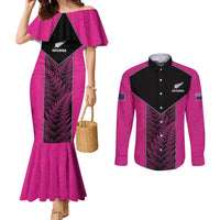 New Zealand Fern Rugby Custom Couples Matching Mermaid Dress and Long Sleeve Button Shirt Pink Maori Pattern LT05 Pink - Polynesian Pride