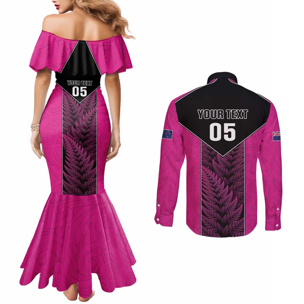 New Zealand Fern Rugby Custom Couples Matching Mermaid Dress and Long Sleeve Button Shirt Pink Maori Pattern LT05 - Polynesian Pride