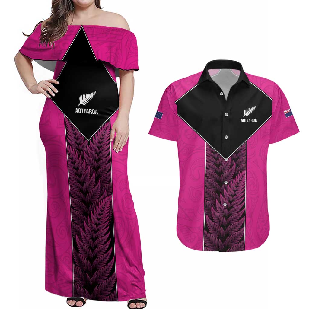 New Zealand Fern Rugby Custom Couples Matching Off Shoulder Maxi Dress and Hawaiian Shirt Pink Maori Pattern LT05 Pink - Polynesian Pride