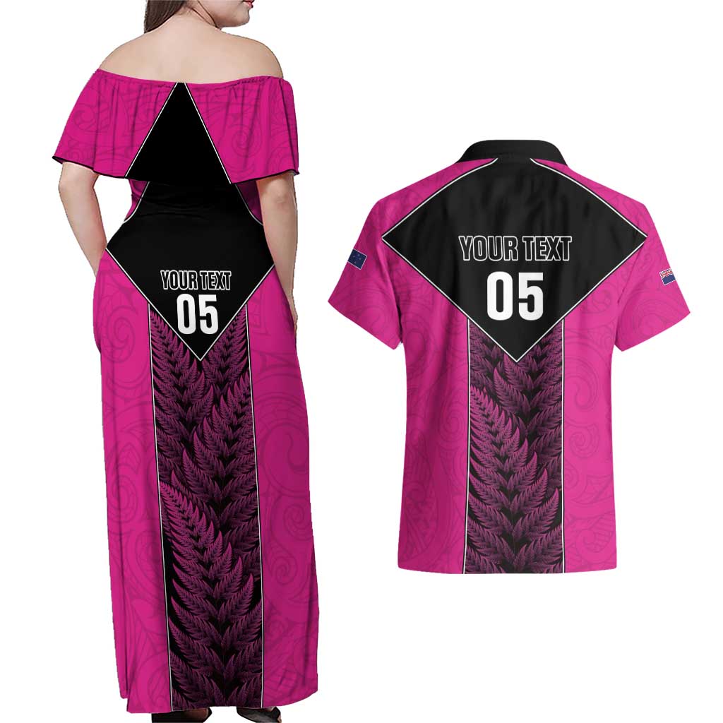 New Zealand Fern Rugby Custom Couples Matching Off Shoulder Maxi Dress and Hawaiian Shirt Pink Maori Pattern LT05 - Polynesian Pride