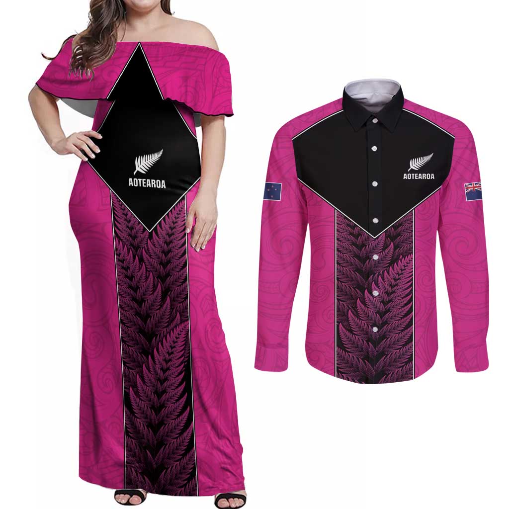 New Zealand Fern Rugby Custom Couples Matching Off Shoulder Maxi Dress and Long Sleeve Button Shirt Pink Maori Pattern LT05 Pink - Polynesian Pride