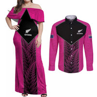 New Zealand Fern Rugby Custom Couples Matching Off Shoulder Maxi Dress and Long Sleeve Button Shirt Pink Maori Pattern LT05 Pink - Polynesian Pride