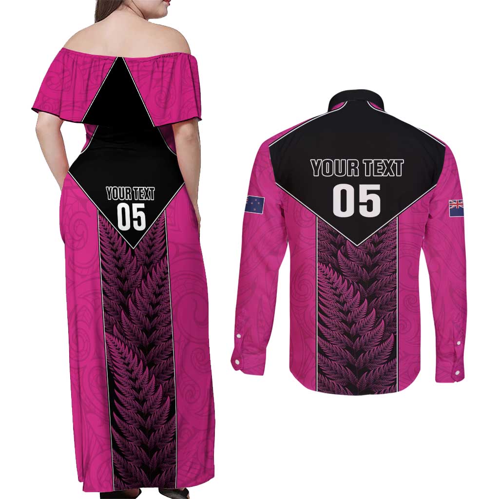 New Zealand Fern Rugby Custom Couples Matching Off Shoulder Maxi Dress and Long Sleeve Button Shirt Pink Maori Pattern LT05 - Polynesian Pride