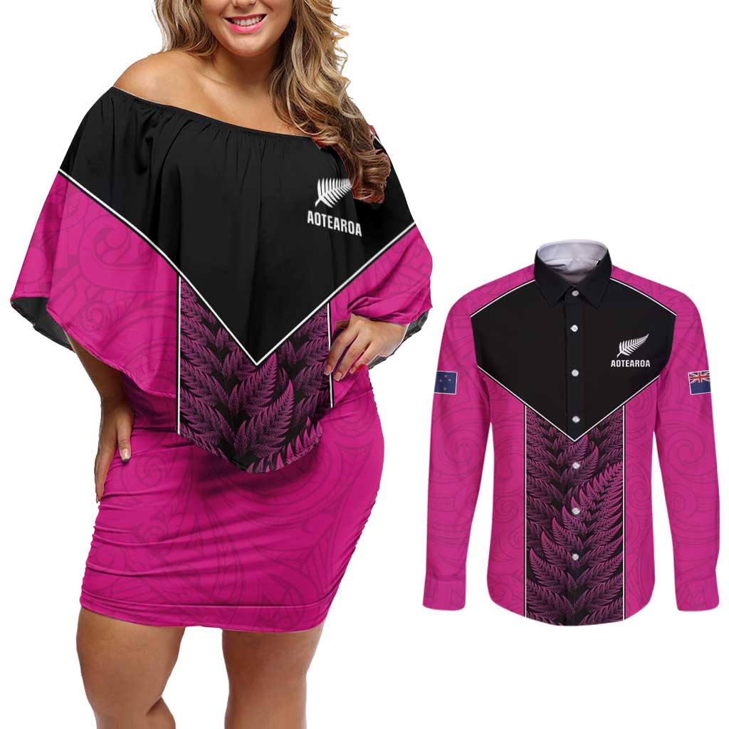New Zealand Fern Rugby Custom Couples Matching Off Shoulder Short Dress and Long Sleeve Button Shirt Pink Maori Pattern LT05 Pink - Polynesian Pride