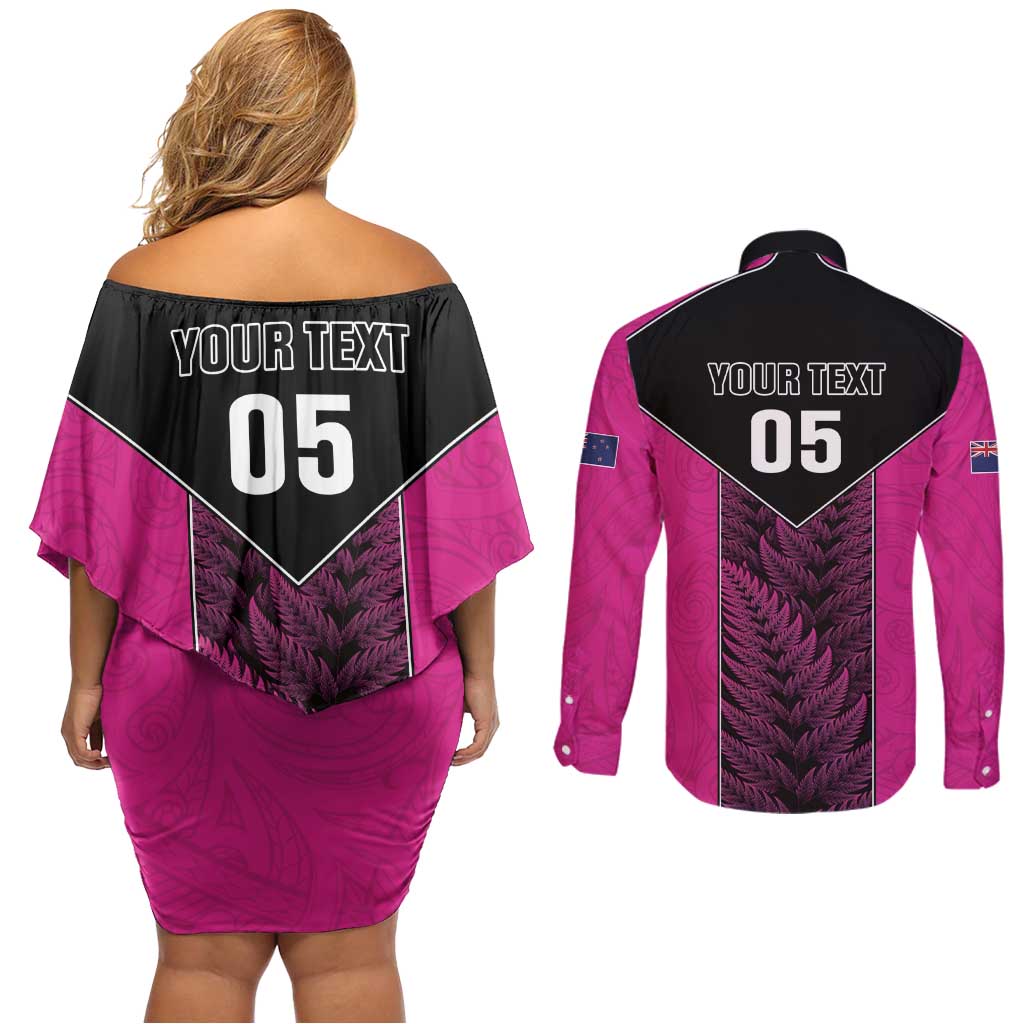New Zealand Fern Rugby Custom Couples Matching Off Shoulder Short Dress and Long Sleeve Button Shirt Pink Maori Pattern LT05 - Polynesian Pride