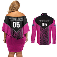 New Zealand Fern Rugby Custom Couples Matching Off Shoulder Short Dress and Long Sleeve Button Shirt Pink Maori Pattern LT05 - Polynesian Pride