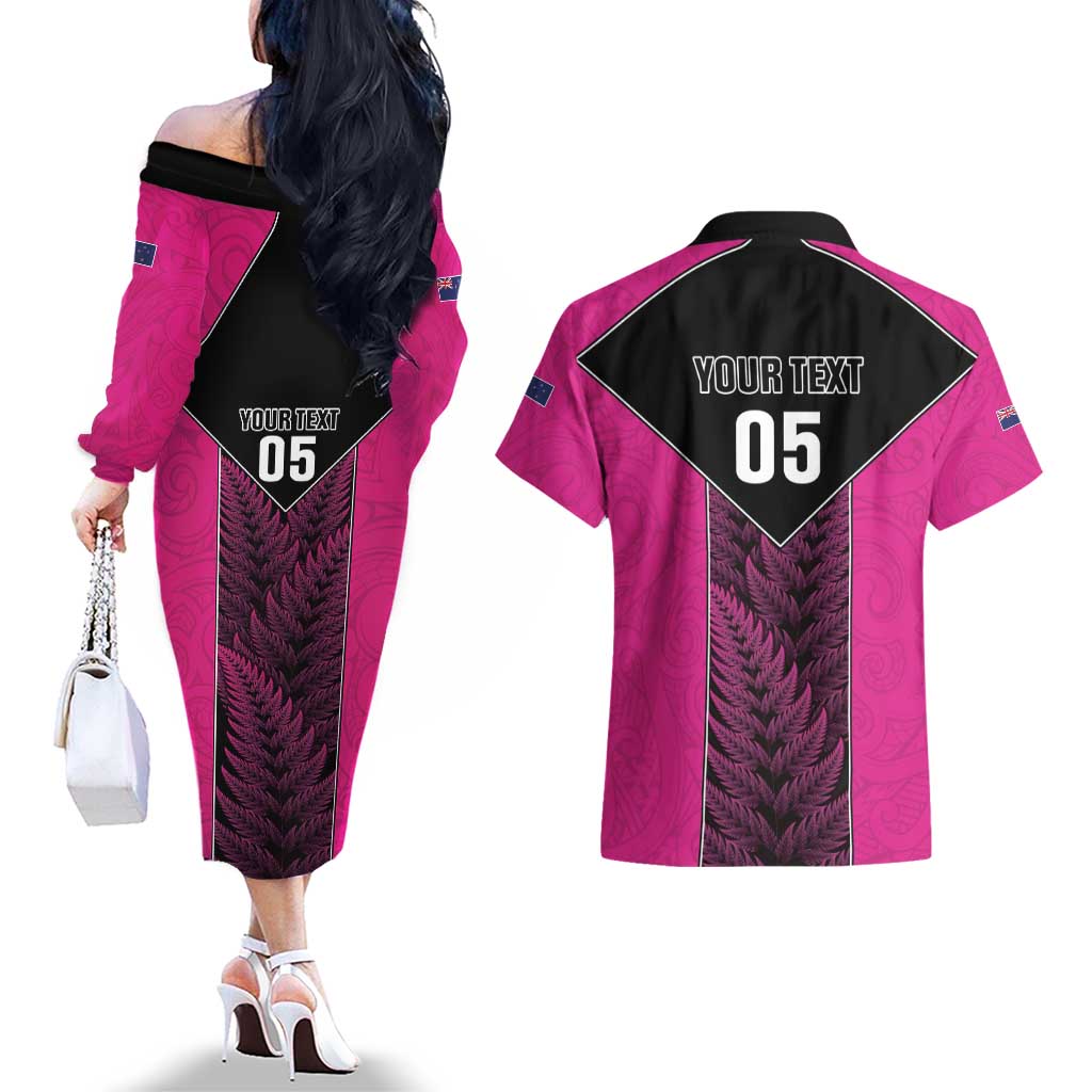 New Zealand Fern Rugby Custom Couples Matching Off The Shoulder Long Sleeve Dress and Hawaiian Shirt Pink Maori Pattern LT05 - Polynesian Pride