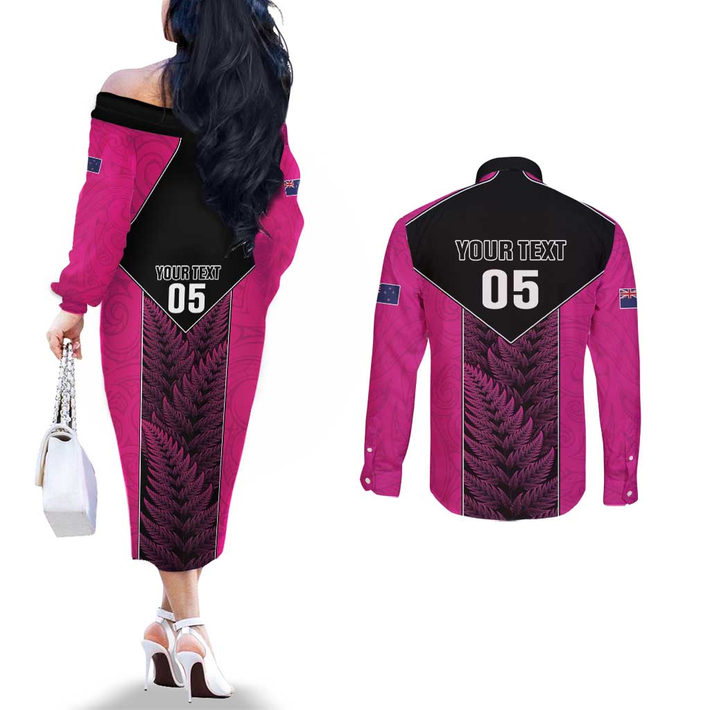 New Zealand Fern Rugby Custom Couples Matching Off The Shoulder Long Sleeve Dress and Long Sleeve Button Shirt Pink Maori Pattern LT05 - Polynesian Pride