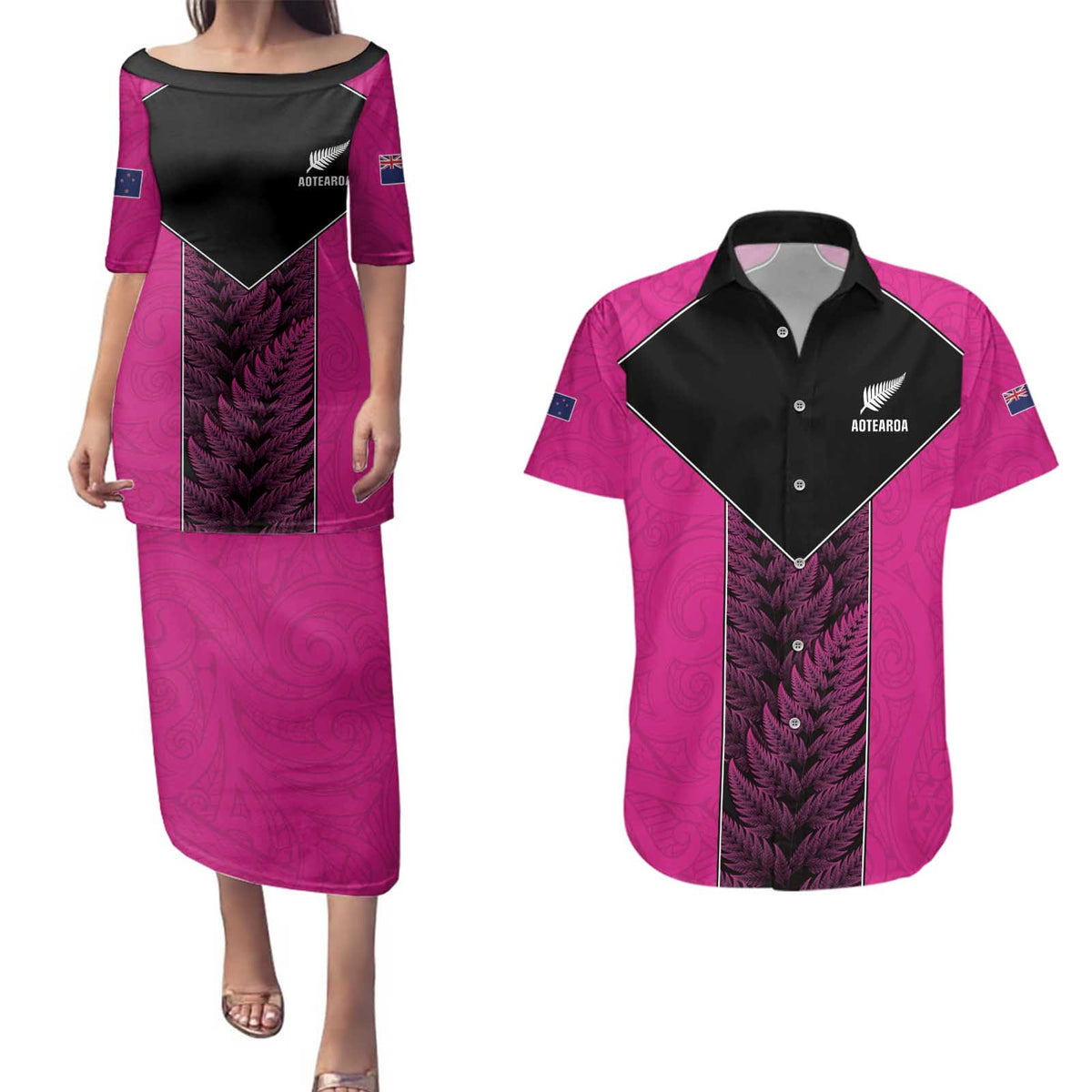 New Zealand Fern Rugby Custom Couples Matching Puletasi and Hawaiian Shirt Pink Maori Pattern LT05 Pink - Polynesian Pride