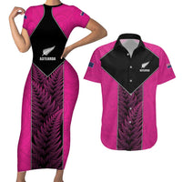 New Zealand Fern Rugby Custom Couples Matching Short Sleeve Bodycon Dress and Hawaiian Shirt Pink Maori Pattern LT05 Pink - Polynesian Pride