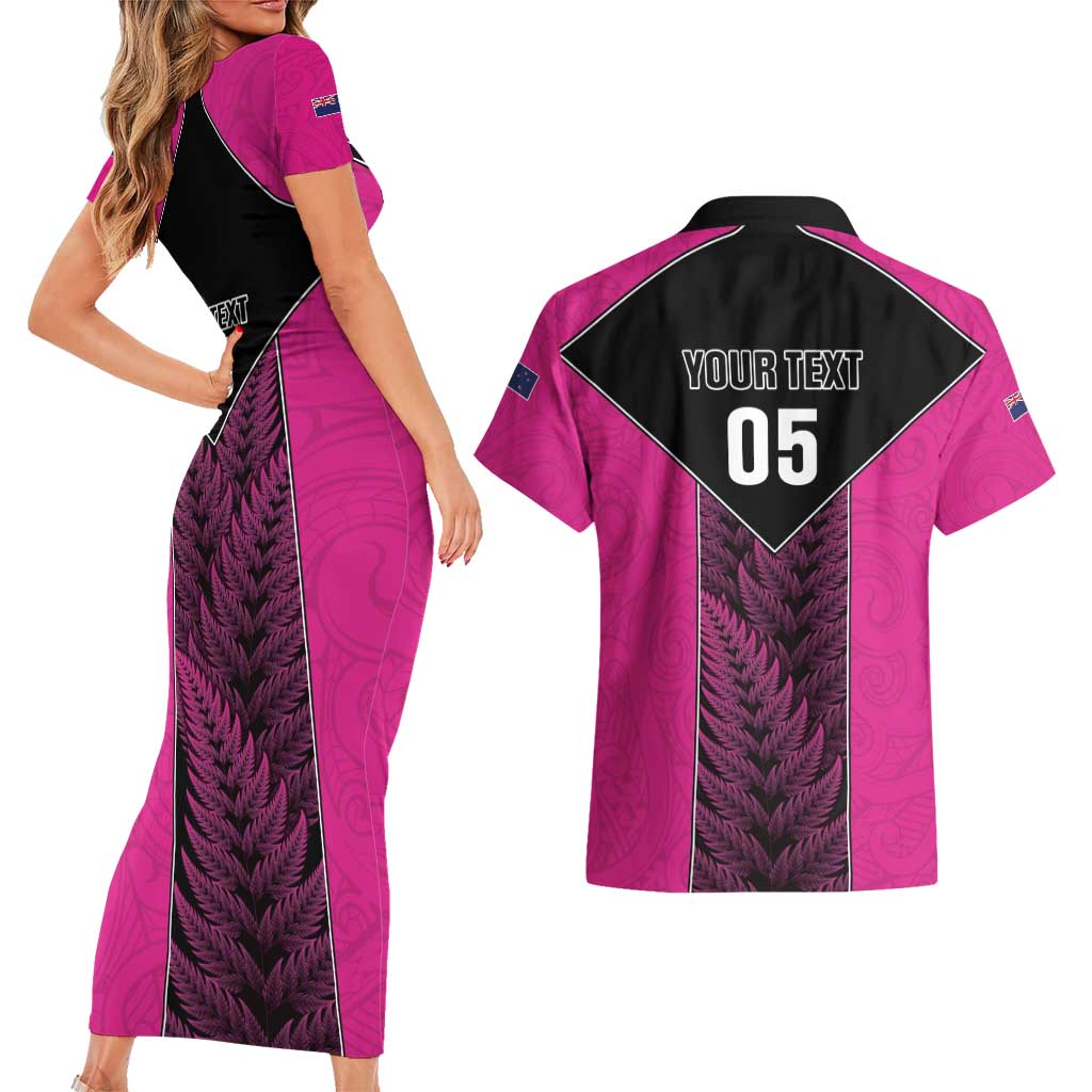 New Zealand Fern Rugby Custom Couples Matching Short Sleeve Bodycon Dress and Hawaiian Shirt Pink Maori Pattern LT05 - Polynesian Pride