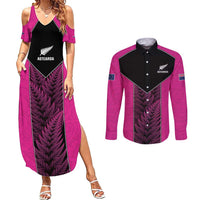 New Zealand Fern Rugby Custom Couples Matching Summer Maxi Dress and Long Sleeve Button Shirt Pink Maori Pattern LT05 Pink - Polynesian Pride