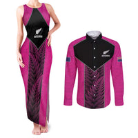 New Zealand Fern Rugby Custom Couples Matching Tank Maxi Dress and Long Sleeve Button Shirt Pink Maori Pattern LT05 Pink - Polynesian Pride
