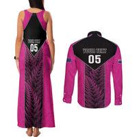New Zealand Fern Rugby Custom Couples Matching Tank Maxi Dress and Long Sleeve Button Shirt Pink Maori Pattern LT05 - Polynesian Pride