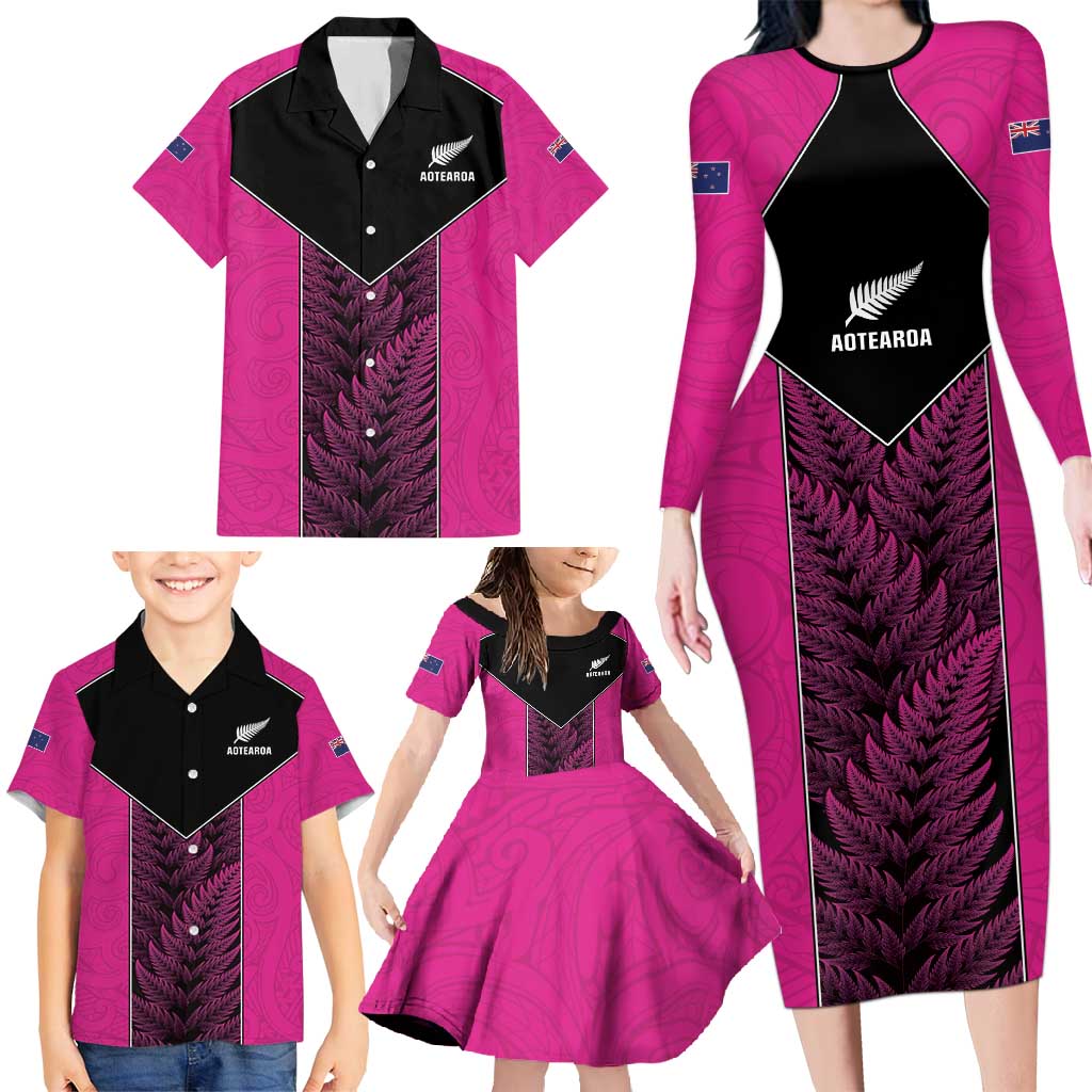 New Zealand Fern Rugby Custom Family Matching Long Sleeve Bodycon Dress and Hawaiian Shirt Pink Maori Pattern LT05 - Polynesian Pride